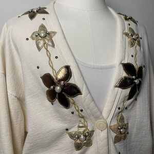 Vintage sweatshirt cardigan with gold floral appliques and studs